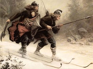 Torstein Skjevla and Skjervald Skrukka escaping on skis